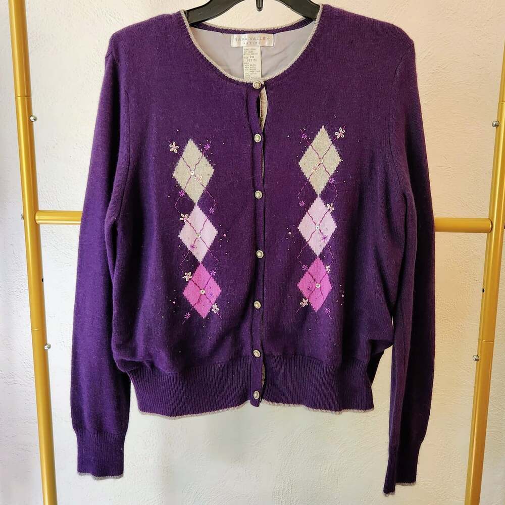 Napa Valley Petite Purple Argyle Button Front Cardigan Sweater Size PM